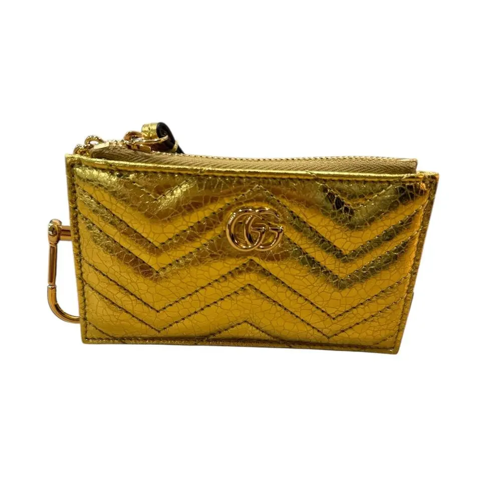 Gucci GG Marmont Key Case Gold Metallic Crinkle Leather Double G NIB